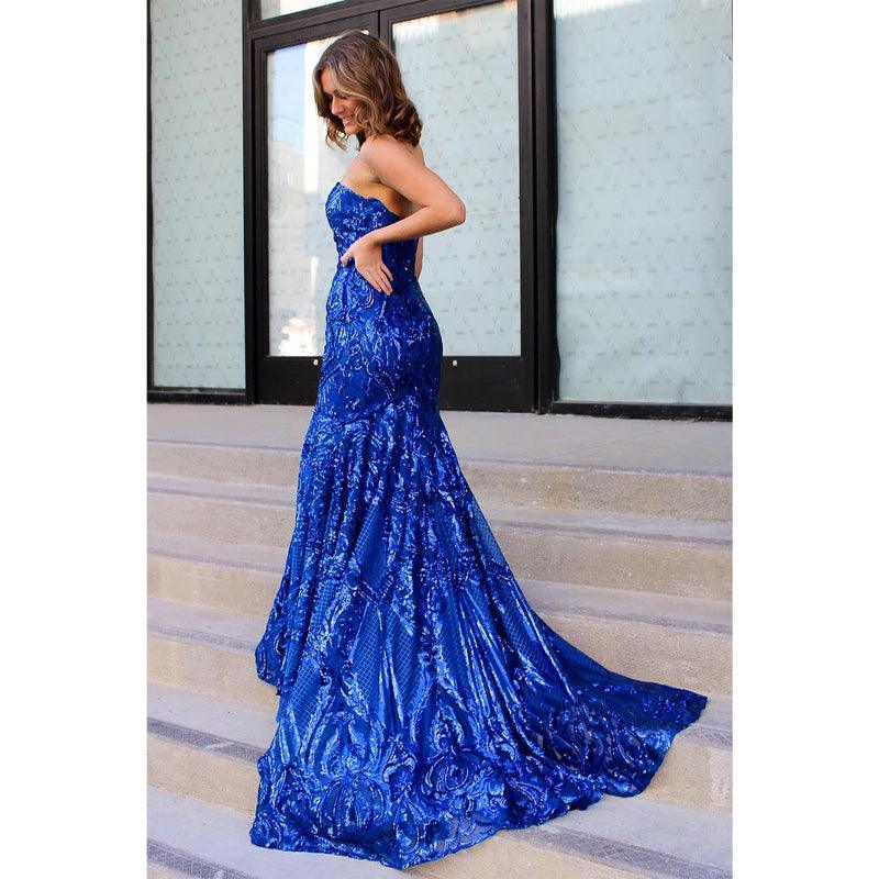 Robe de bal sirène bleu roi en dentelle à paillettes 