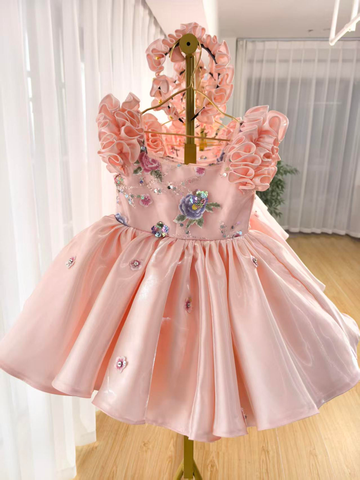 Floral Embroidery Sequins Tulle Knee-length Pink Baby Girl Dress