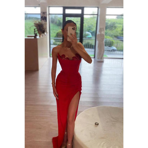 Robe de bal longue bordeaux sexy à col en V et fente latérale