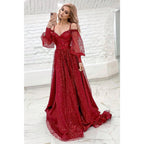 Robe de bal scintillante à bretelles spaghetti et manches longues 