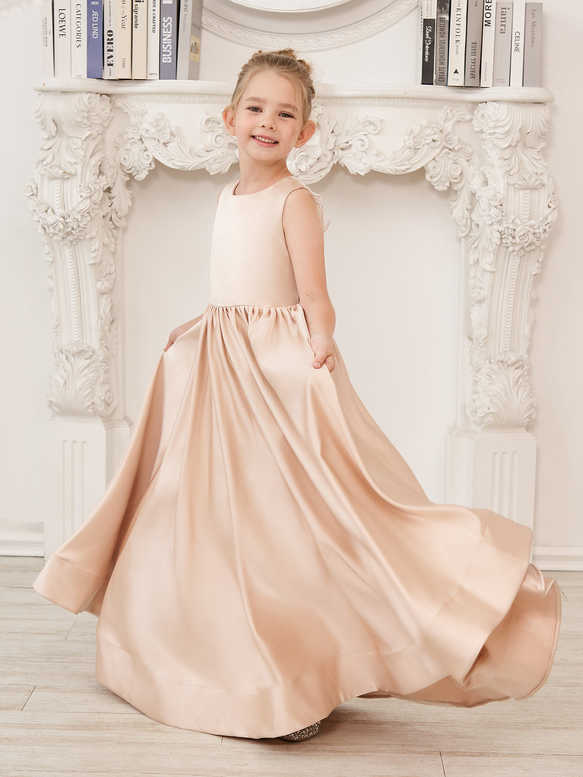Vestido de niña de las flores de corte A, de satén y encaje, hasta el suelo 