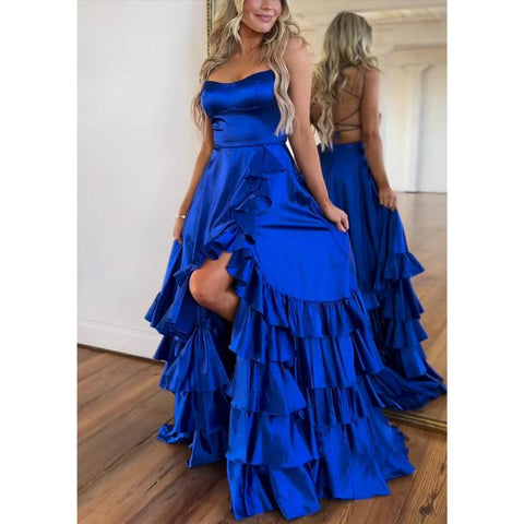 Robe de soirée trapèze à bretelles spaghetti et traîne fendue sur le côté 