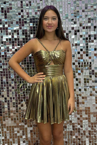 Metallic Spaghetti Straps Pleated A-Line Short Homecoming Dress