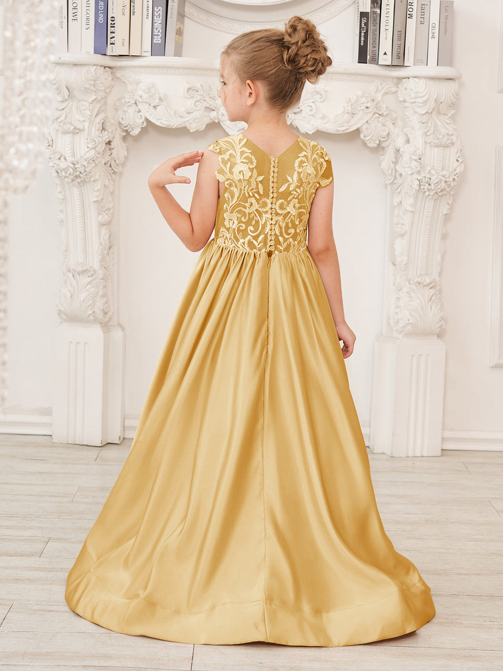 Vestido de niña de las flores de corte A, de satén y encaje, hasta el suelo 