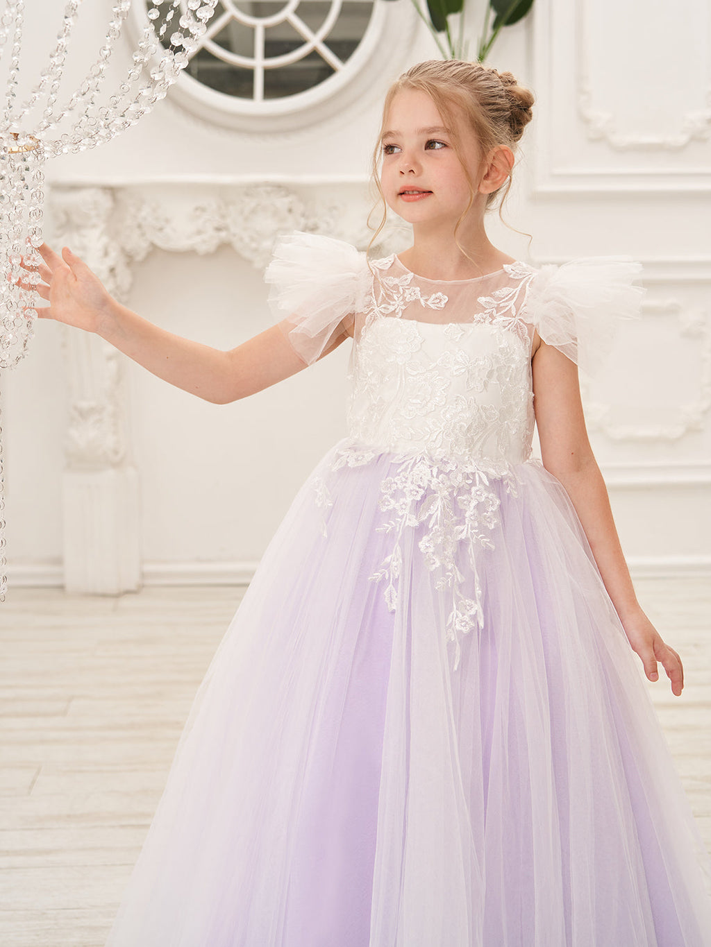 Vestido de niña de las flores con cola de tul y encaje desmontable 