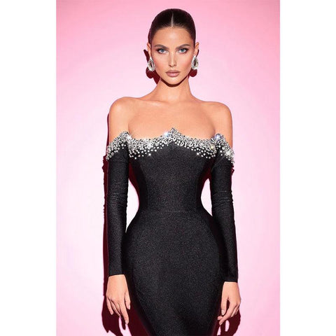 Robe de soirée noire à épaules dénudées et à perles, style sirène 