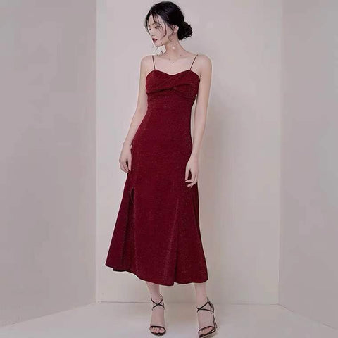 Robe de soirée rouge bordeaux à fines bretelles, fente haute, dos nu, confection sur mesure Y1140