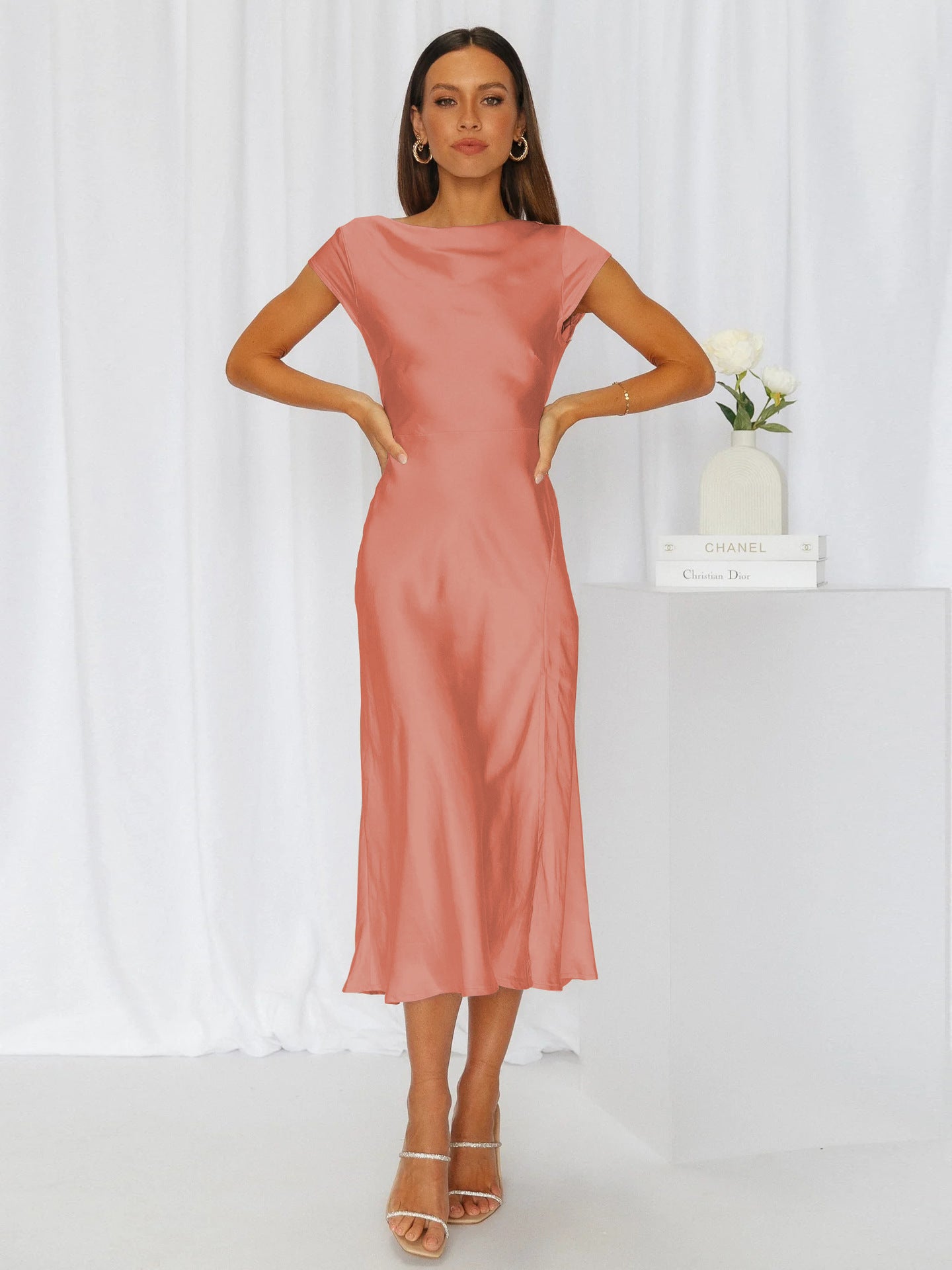 Summer Women High Fork Elegant Dress Sexy Slimming Backless Pure Satin Evening Dress