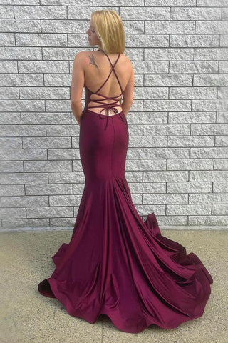 Mermaid Spaghetti Straps Burgundy Long Prom Dress with Criss Cross Back