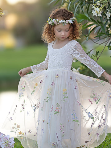 Vestido largo de niña de las flores de jardín, de tul bordado con encaje floral y corte en A 