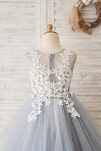 Vestido largo de tul y encaje azul para niña de las flores 