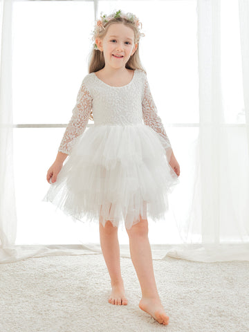 Vestido blanco de tul y encaje hasta la rodilla (2003227580) 