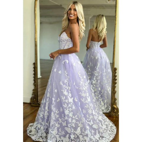 Sweetheart Strapless Sleeveless Lace Tulle A-Line Long Prom Evening Dress