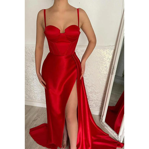 Robe de bal longue rouge à bretelles spaghetti et fente latérale