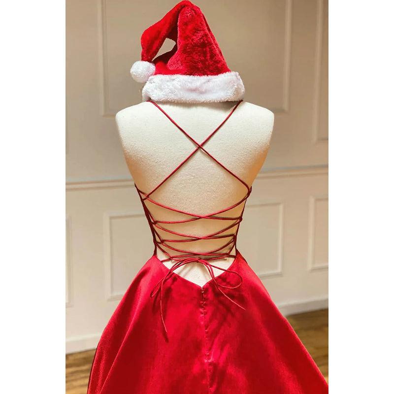 Vestido de fiesta sencillo de satén rojo con escote en V, tirantes finos y bolsillos 