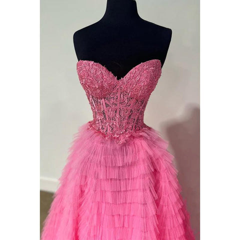 V-Neck Sleeveless A-Line Applique Slit Formal Prom Dress