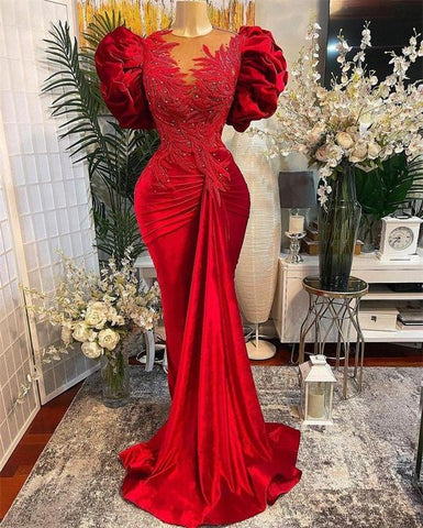 Robe de bal sirène rouge de luxe, dentelle perlée, col transparent, tenue de soirée formelle Y02