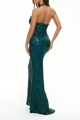 Vestidos de noche elegantes y formales con escote halter y diseño patchwork liso. 