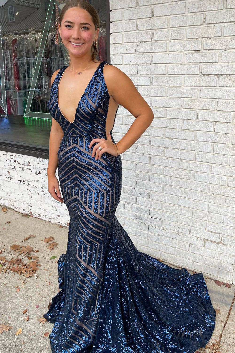 Mermaid Deep V Neck Orange Sequins Long Prom Dress with Open Back