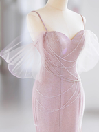 Elegante vestido de noche rosa estilo sirena con tirantes finos y pedrería Y7615
