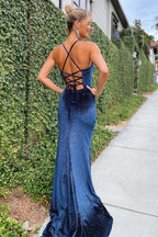 Felix | Vestido largo de noche de sirena azul marino de terciopelo con corsé, cordones y abertura