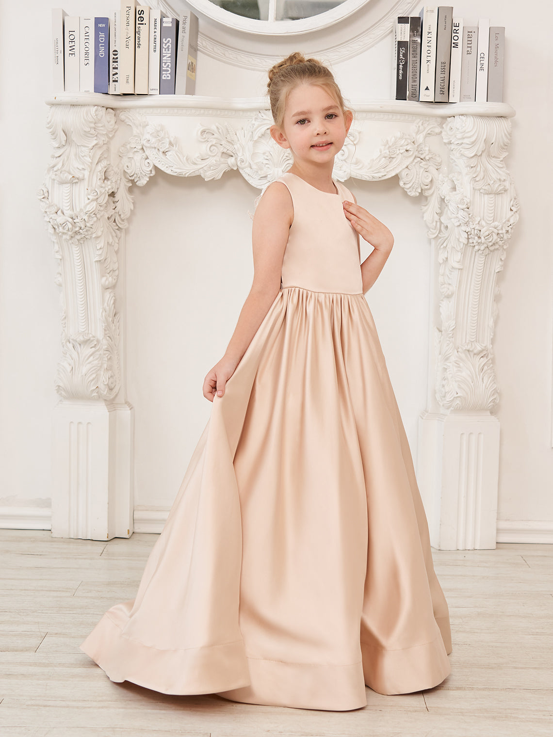 Vestido de niña de las flores de corte A, de satén y encaje, hasta el suelo 