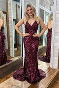 Mermaid Spaghetti Straps Burgundy Sequins Long Prom Dress with Backless