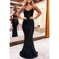Robe de soirée à paillettes scintillantes, col en V, bretelles spaghetti, sans manches 