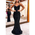 Robe de soirée à paillettes scintillantes, col en V, bretelles spaghetti, sans manches 