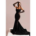 Vestido de fiesta formal de noche, corte trompeta/sirena, sexy y atractivo, con tirantes cuadrados