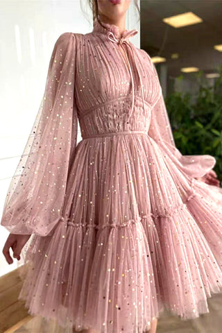 Robe de soirée élégante et raffinée en maille à sequins unie et col mandarin 