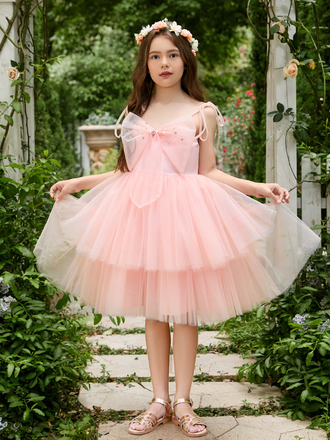 Vestido rosa perla de corte A y largo hasta la rodilla de tul (2003224887) 