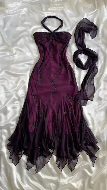 Robe de bal sirène vintage violette en mousseline de soie à perles, dos nu, longue robe de soirée Y7503