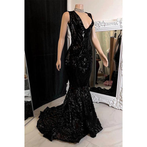Robe de bal sirène sexy à col en V et paillettes appliquées pour fille noire à couper le souffle