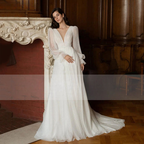 Elegant Glitter Tulle Deep V-Neck Wedding Dresses Princess Shiny Lantern Sleeves Backless A-Line Pleated Bridal Gowns