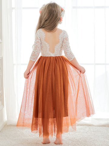 Vestido de niña de las flores de tul, manga larga, corte línea A, encaje blanco angelical 