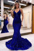 Vestido largo de sirena con lentejuelas y espalda con cordones azul real brillante