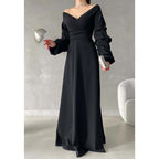 Robe de bal longue simple, coupe trapèze, col en V, épaules dénudées, manches bouffantes 