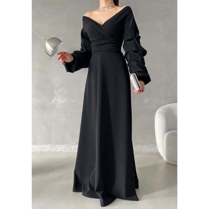 Robe de bal longue simple, coupe trapèze, col en V, épaules dénudées, manches bouffantes 