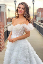 Princess A Line Off the Shoulder Purple Long Prom Dress with Feather