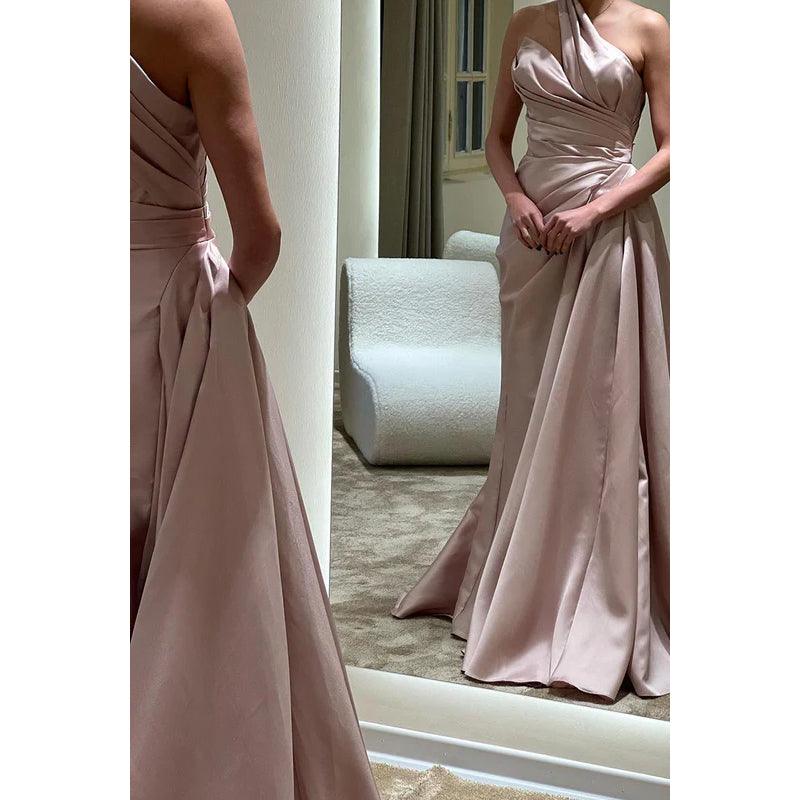 Vestido de fiesta sin mangas, de satén, con pliegues y un solo hombro, corte tubo/columna
