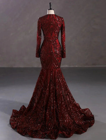 Vestido de noche corte sirena/trompeta, brillante y reluciente, ideal para carnaval, eventos formales, con cola, manga larga, escote en V, encaje afroamericano con lentejuelas.