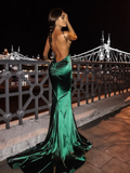 Robe de bal longue vert foncé sirène, dos nu, Y626