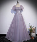 Vestido largo de fiesta de tul morado con cuentas, corte en A, talla 59