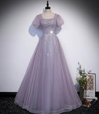 Vestido largo de fiesta de tul morado con cuentas, corte en A, talla 59