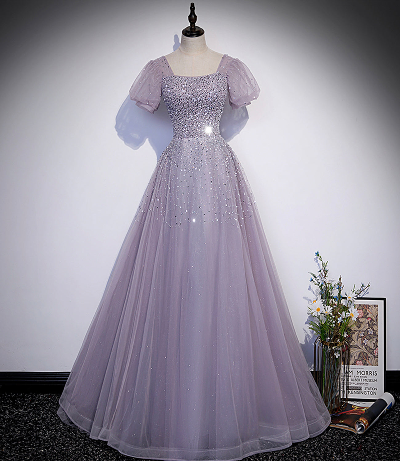 Vestido largo de fiesta de tul morado con cuentas, corte en A, talla 59