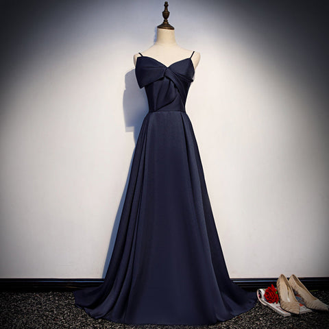 Robe de bal longue en satin bleu foncé, robe de soirée simple s93