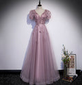 Vestido largo de fiesta rosa con lentejuelas y tul, vestido de noche rosa s61