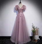 Vestido largo de fiesta rosa con lentejuelas y tul, vestido de noche rosa s61