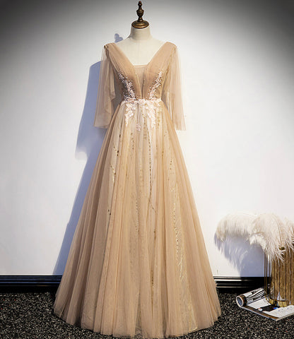 Robe de bal longue en dentelle champagne à col en V, robe de soirée trapèze s77